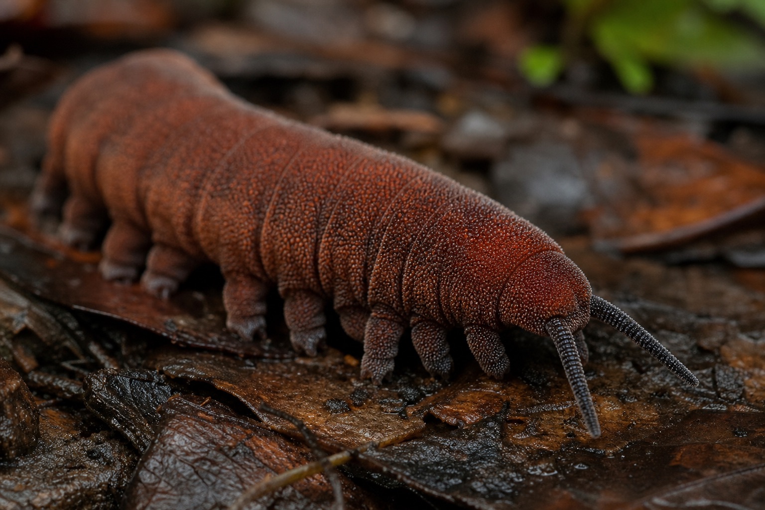 Velvet worm with soft blue-grey body, stubby legs and antennae on damp tropical forest leaf litter