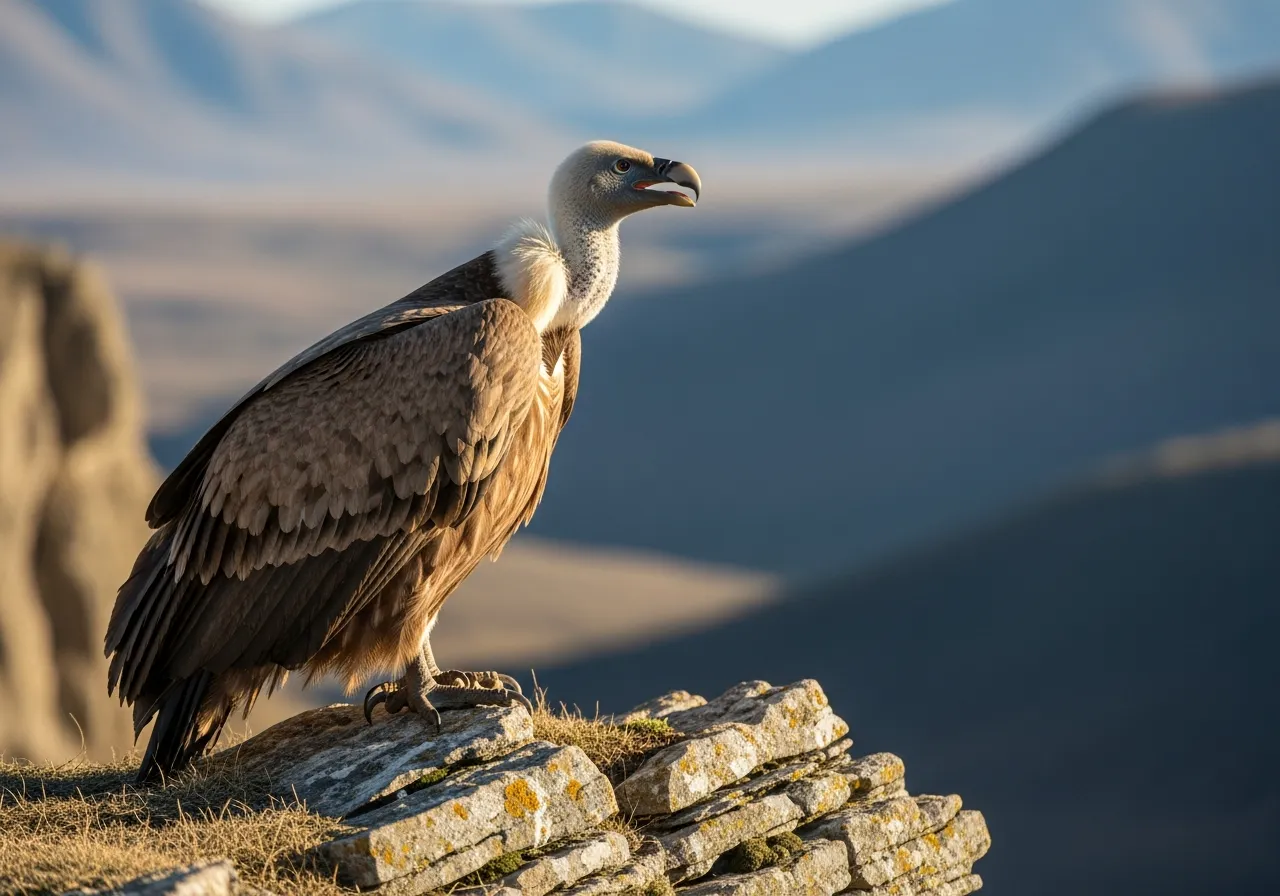 A vulture with a bald, unfeathered head and broad dark wings perched beside an animal carcass on dry open ground