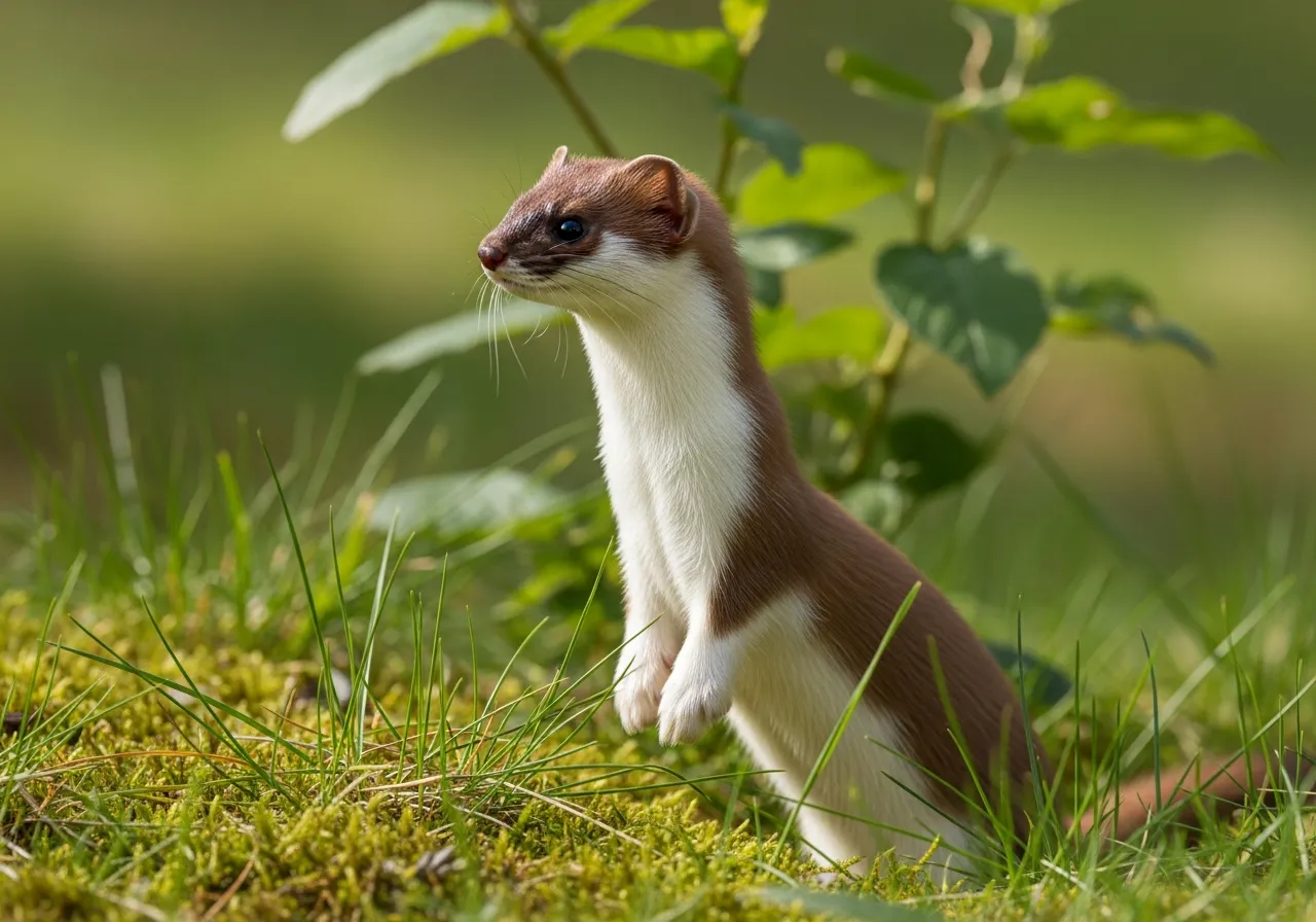 A least weasel (Mustela nivalis) with a slender russet-brown body, creamy-white underside and short tail, standing alert on its hind legs among grass and leaf litter.