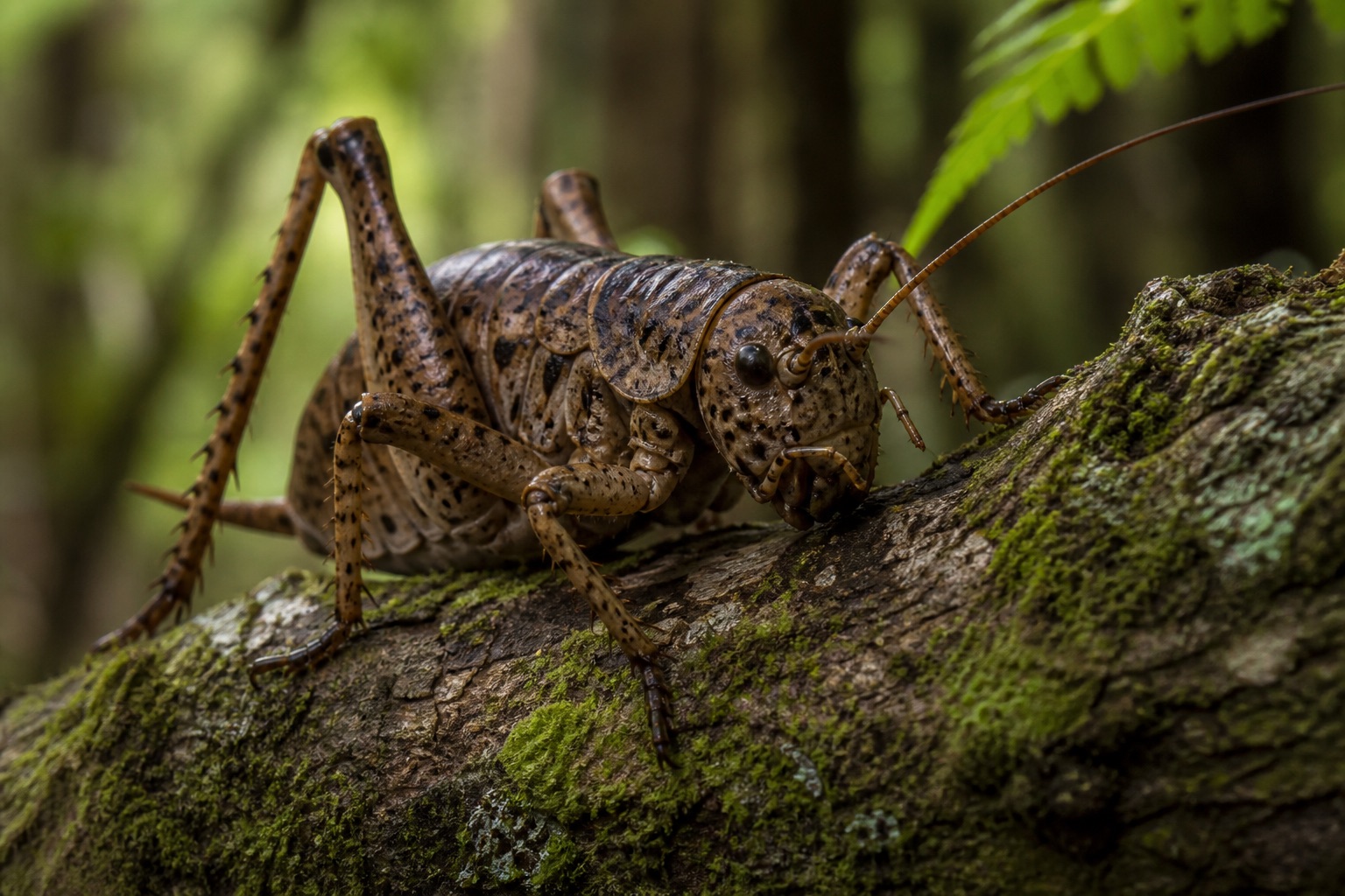 Giant weta with heavy brown body, long antennae and spiny hind legs on New Zealand native vegetation at night