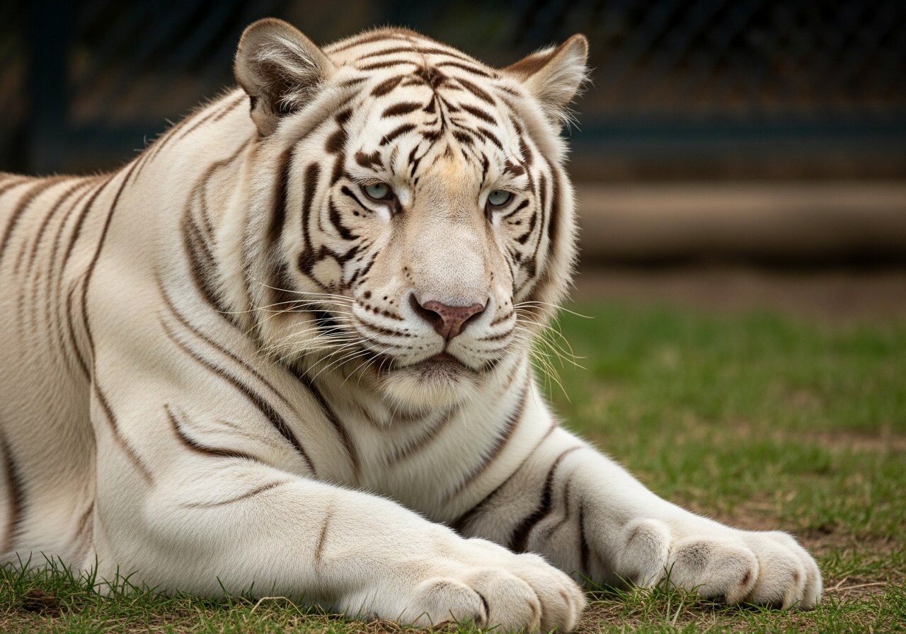 A white tiger with pale fur, dark stripes and ice-blue eyes resting in a sanctuary enclosure