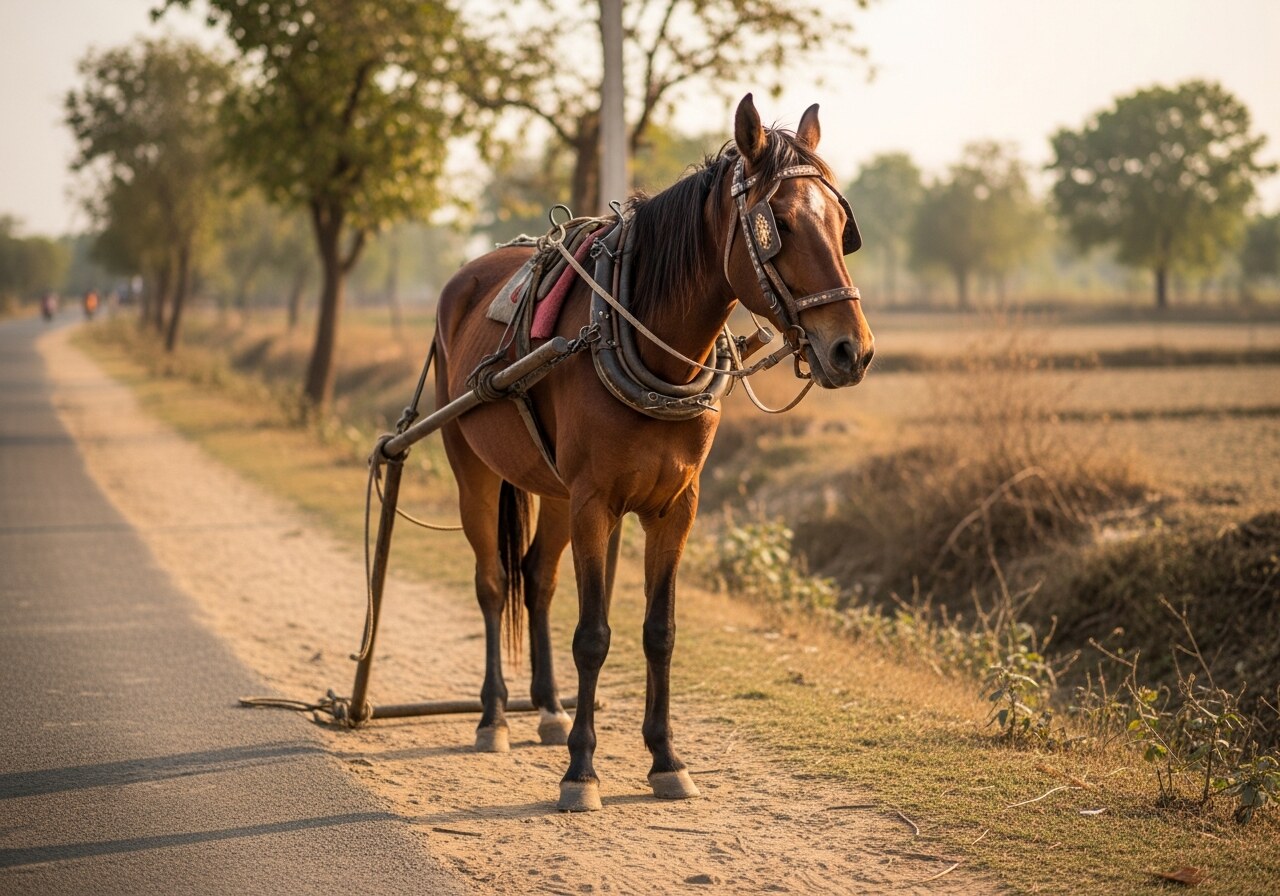 Working horse in harness on dirt road